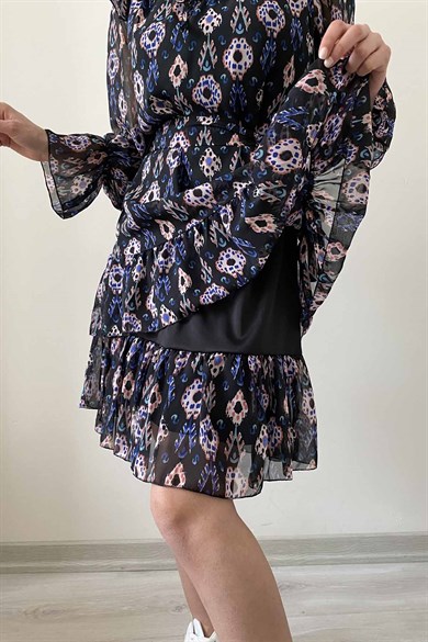Etnik Desen Bel Kuşaklı Violet Şifon Elbise