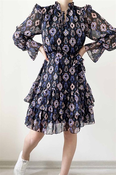 Etnik Desen Bel Kuşaklı Violet Şifon Elbise