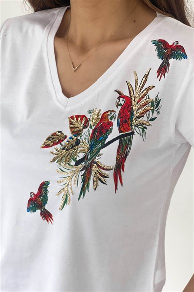 Tek Omuz Papağan Desen Tasarım Tişört